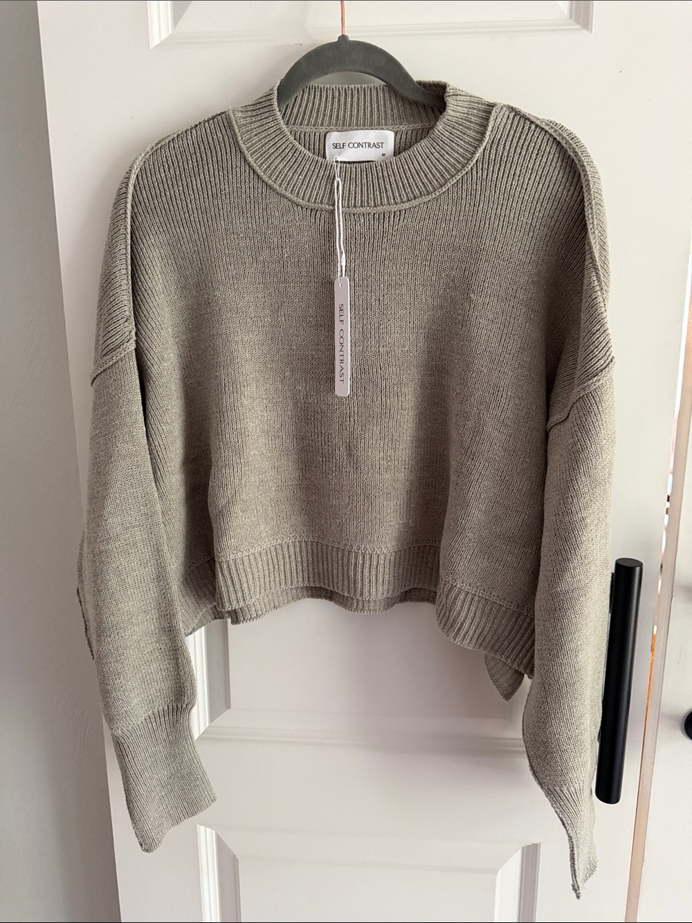 Self Contrast Women's Cropped Crewneck Sweater in light green gray